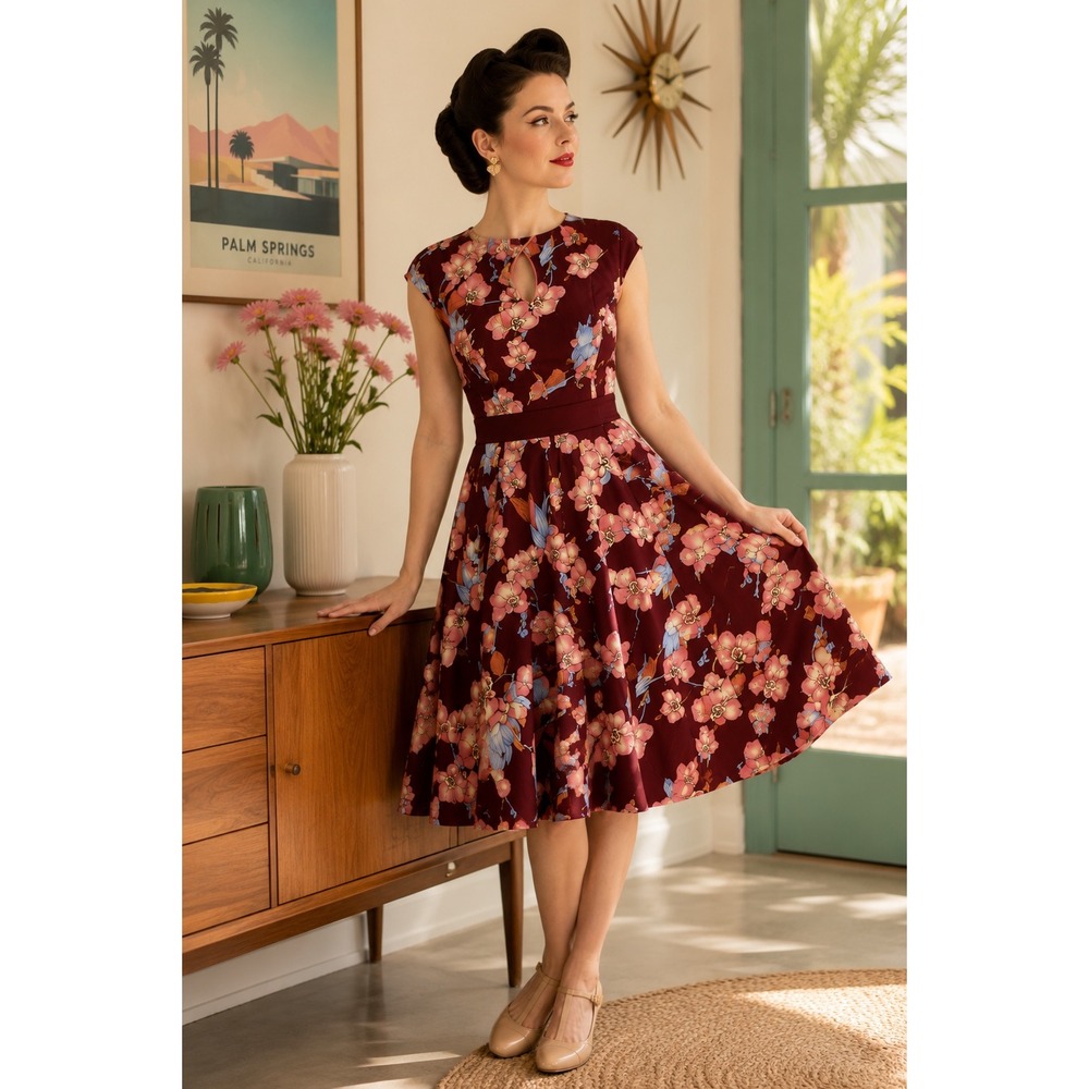 NWT Voodoo Vixen Burgundy Winter Orchid Floral Fit & Flare Midi Dress M